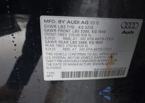 2012 Audi Q7 3.0 Tdi Premium from USA, damaged, VIN WA1VMAFEXCD008679